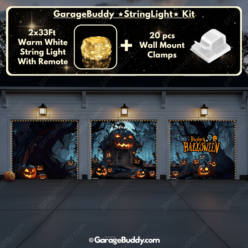 Horror Pumpkin House Garage String Warm Light with remote and wall mount clamps
