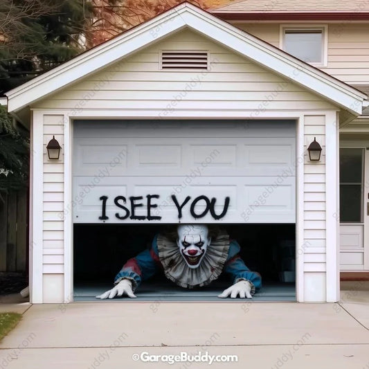 Lurking Clown Halloween garage door cover featuring a creepy clown face design, perfect for decorating a single garage door.