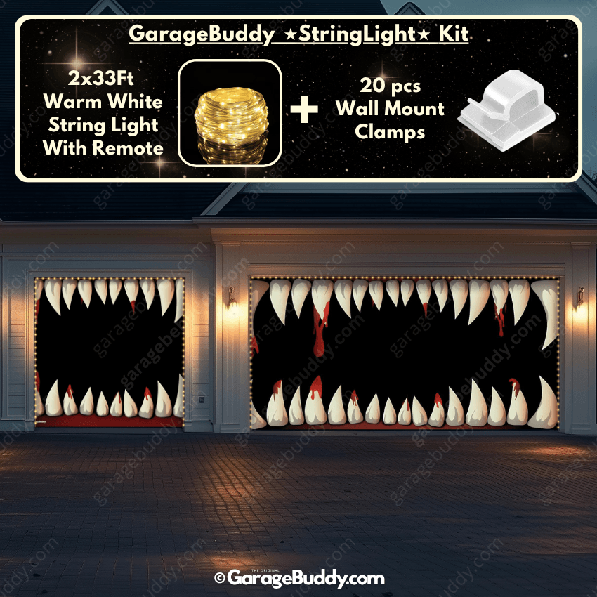 Monster Teeth Garage door cover with String Warm Light with remote and wall mount clamps
