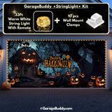 Pumpkin House Halloween garage door cover on a double-door garage, featuring glowing lights and a spooky design of a haunted girl for a chilling Halloween display