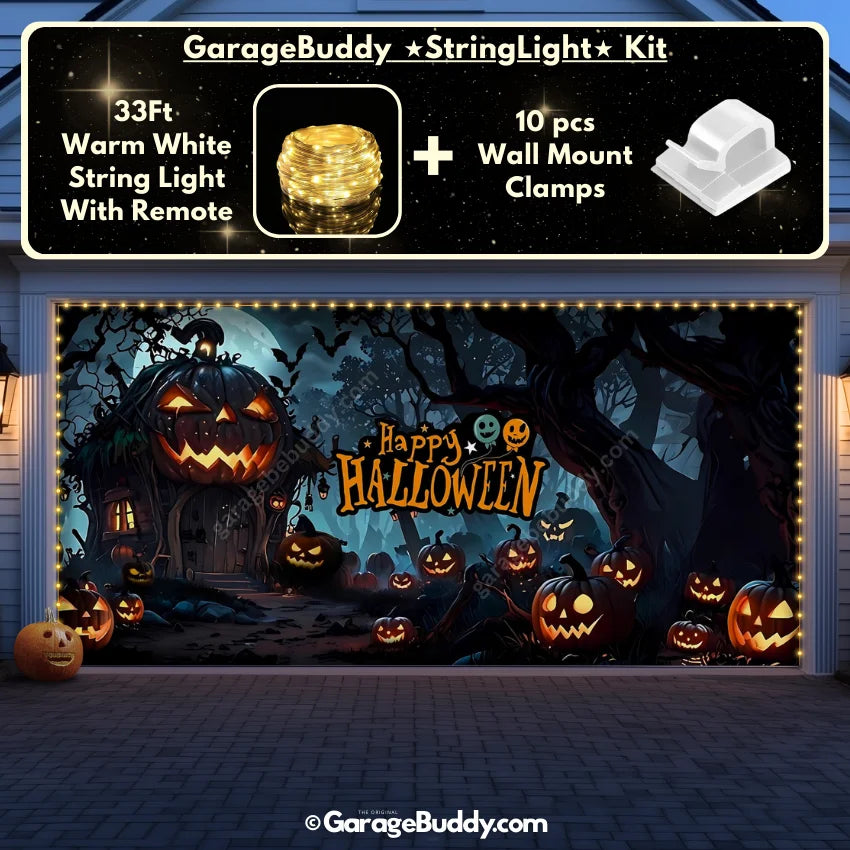 Pumpkin House Halloween garage door cover on a double-door garage, featuring glowing lights and a spooky design of a haunted girl for a chilling Halloween display