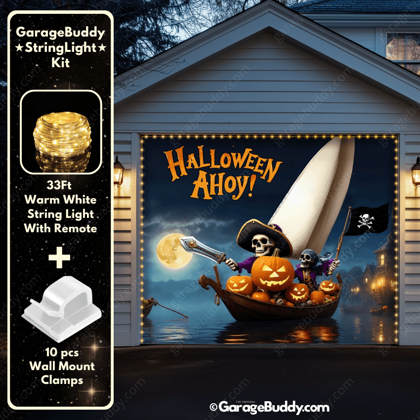 Pumpkin Pirates Halloween Garage door cover with String Warm Light with remote and wall mount clamps