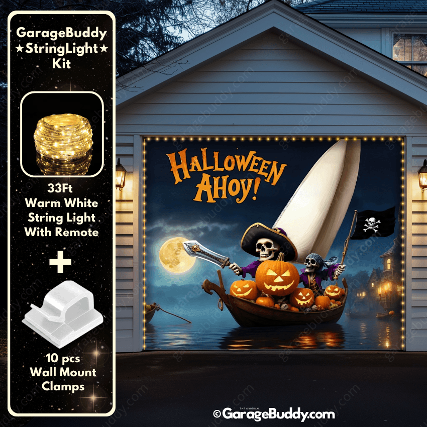 Pumpkin Pirates Halloween Garage door cover with String Warm Light with remote and wall mount clamps
