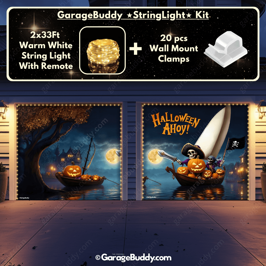 Pumpkin Pirates Halloween Garage door cover with String Warm Light with remote and wall mount clamps