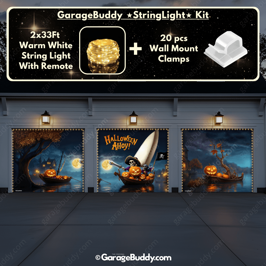 Pumpkin Pirates Garage door cover with String Warm Light with remote and wall mount clamps