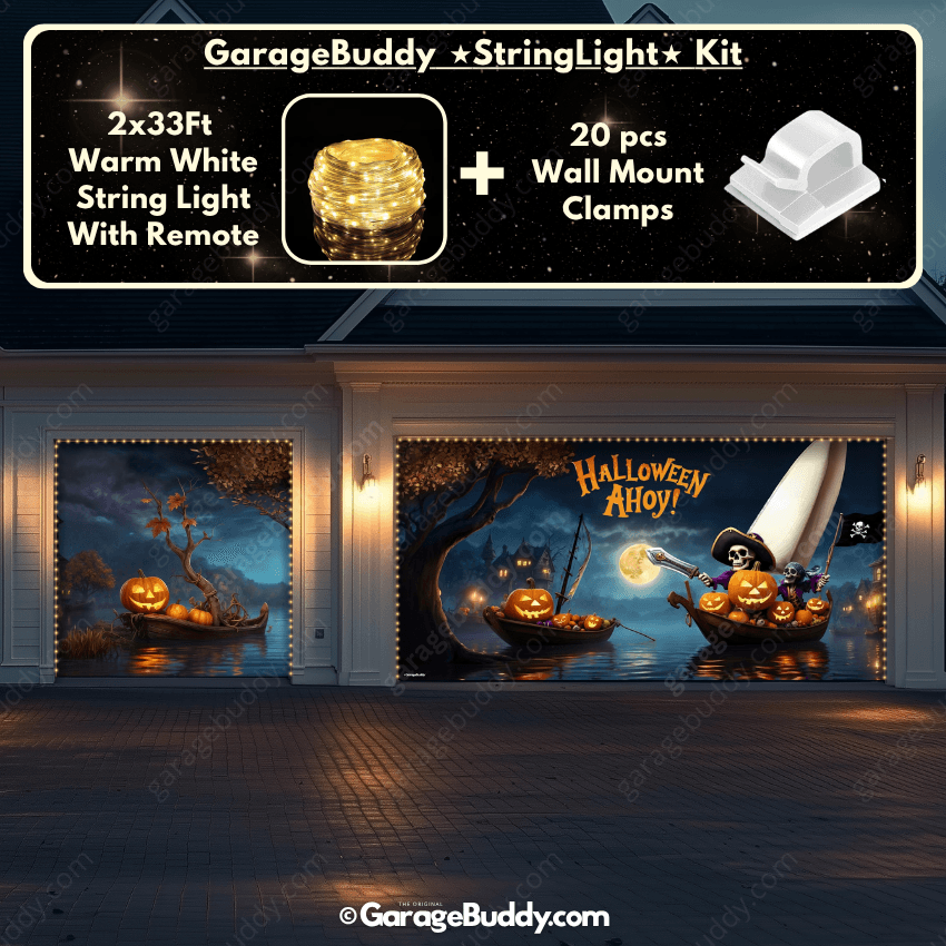 Pumpkin Pirates Garage door cover with String Warm Light with remote and wall mount clamps
