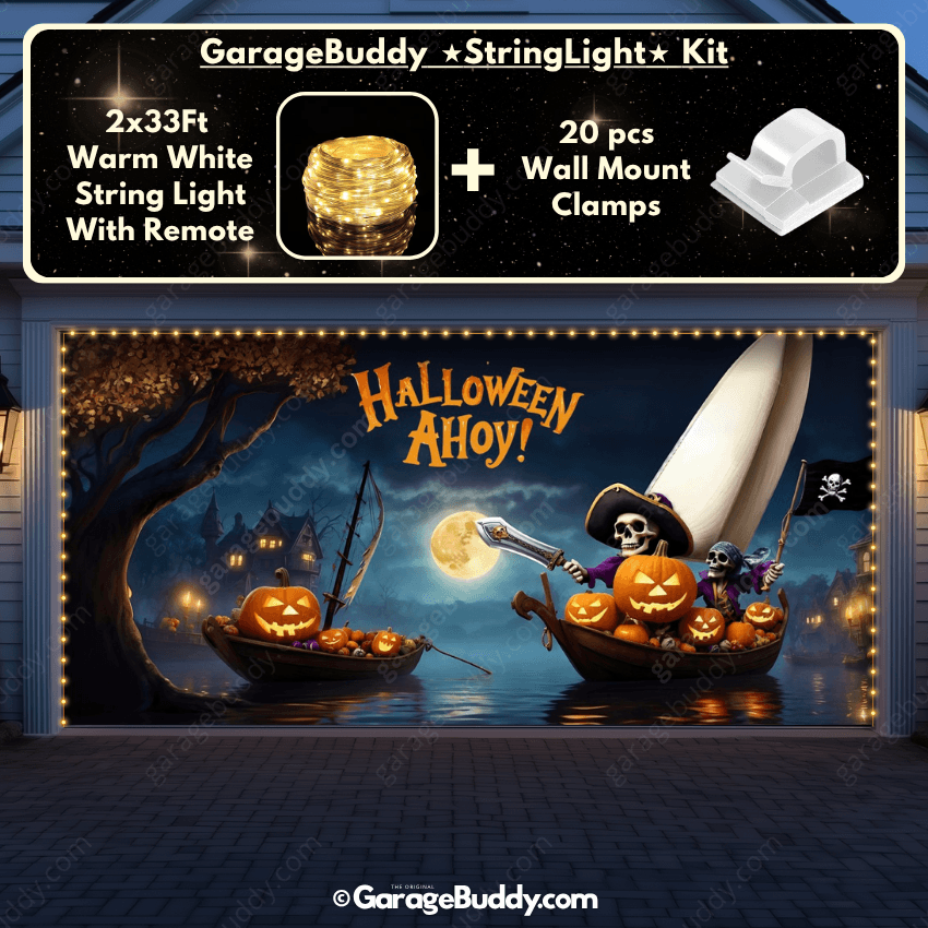 Pumpkin Pirates Garage door cover with String Warm Light with remote and wall mount clamps 