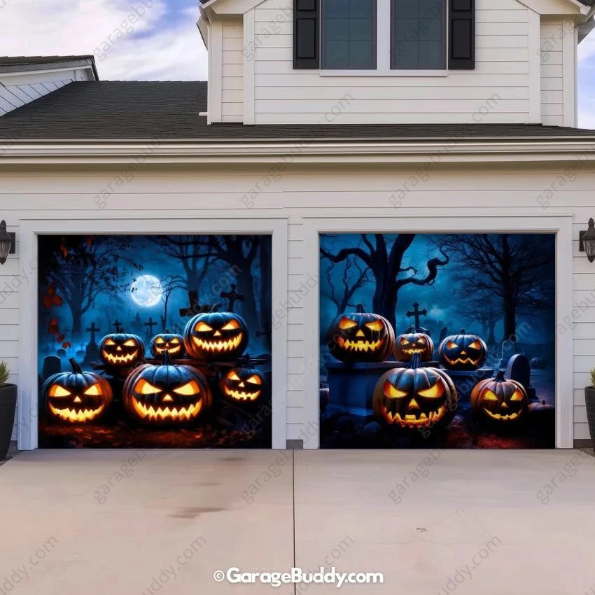 Pumpkins Scene Halloween garage door cover for two single garage doors featuring eerie glowing pumpkins by GarageBuddy.