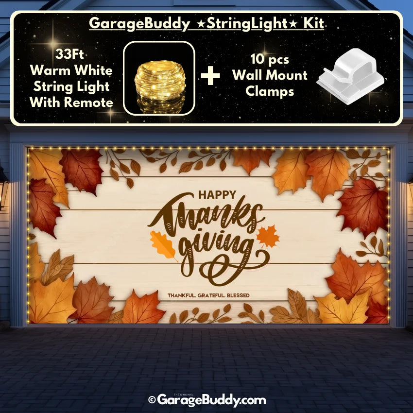Double-door garage decorated with warm Happy Thanksgiving with warm white string lights and seasonal elements like pumpkins, leaves, and harvest-themed accents.