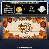 Double-door garage decorated with warm Happy Thanksgiving with warm white string lights and seasonal elements like pumpkins, leaves, and harvest-themed accents.