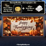 Double-door garage decorated with warm Happy Thanksgiving lights and seasonal elements like pumpkins, leaves, and harvest-themed accents.
