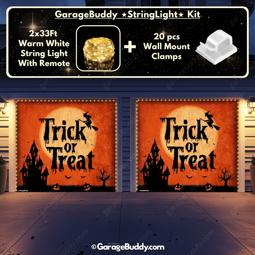 Trick or Treat Halloween Garage door cover for Two Door with String Warm Light with remote and wall mount clamps