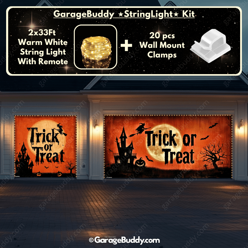 Trick or Treat Halloween Garage door cover with String Warm Light with remote and wall mount clamps 