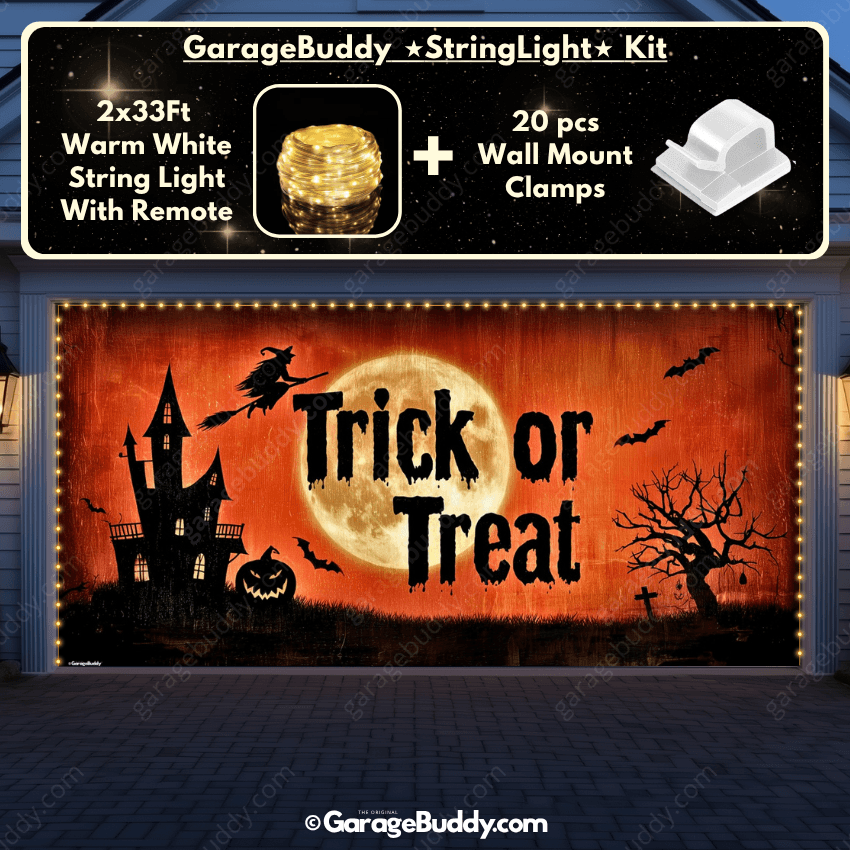 Trick or Treat Halloween Garage door cover for double door with String Warm Light with remote and wall mount clamps