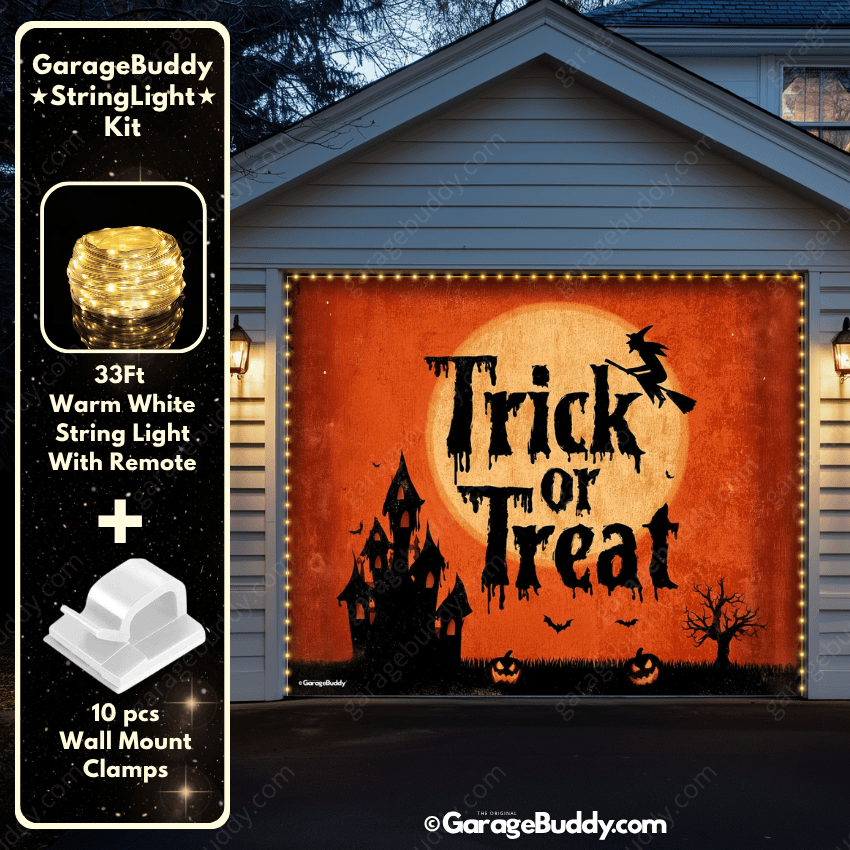 Trick or Treat Halloween Garage door cover for Single door with String Warm Light with remote and wall mount clamps