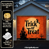 Trick or Treat Halloween Garage door cover for Single door with String Warm Light with remote and wall mount clamps