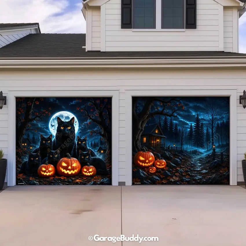 Witching Whiskers (Glow)| Black Cat Halloween Garage Door Cover