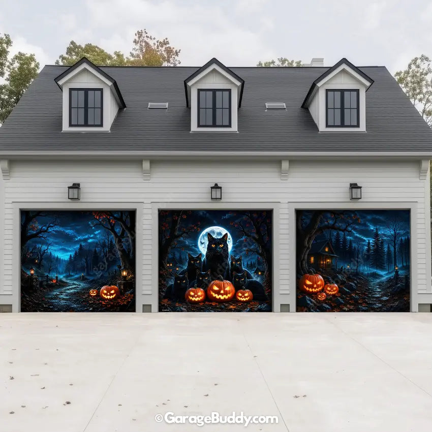 Witching Whiskers (Glow)| Black Cat Halloween Garage Door Cover