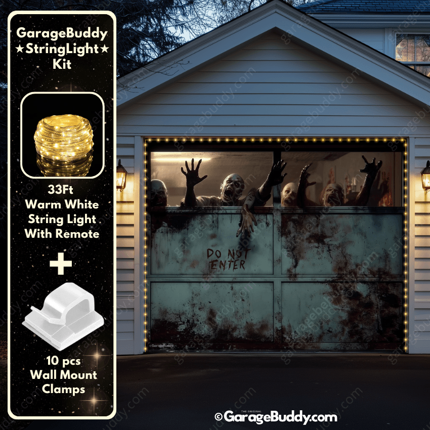 zombie breach Halloween Garage door cover with String Warm Light with remote and wall mount clamps