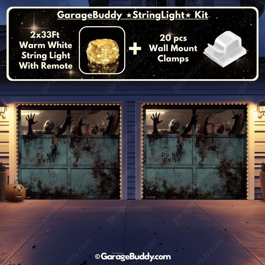 Zombie breach Halloween Garage door cover with String Warm Light with remote and wall mount clamps