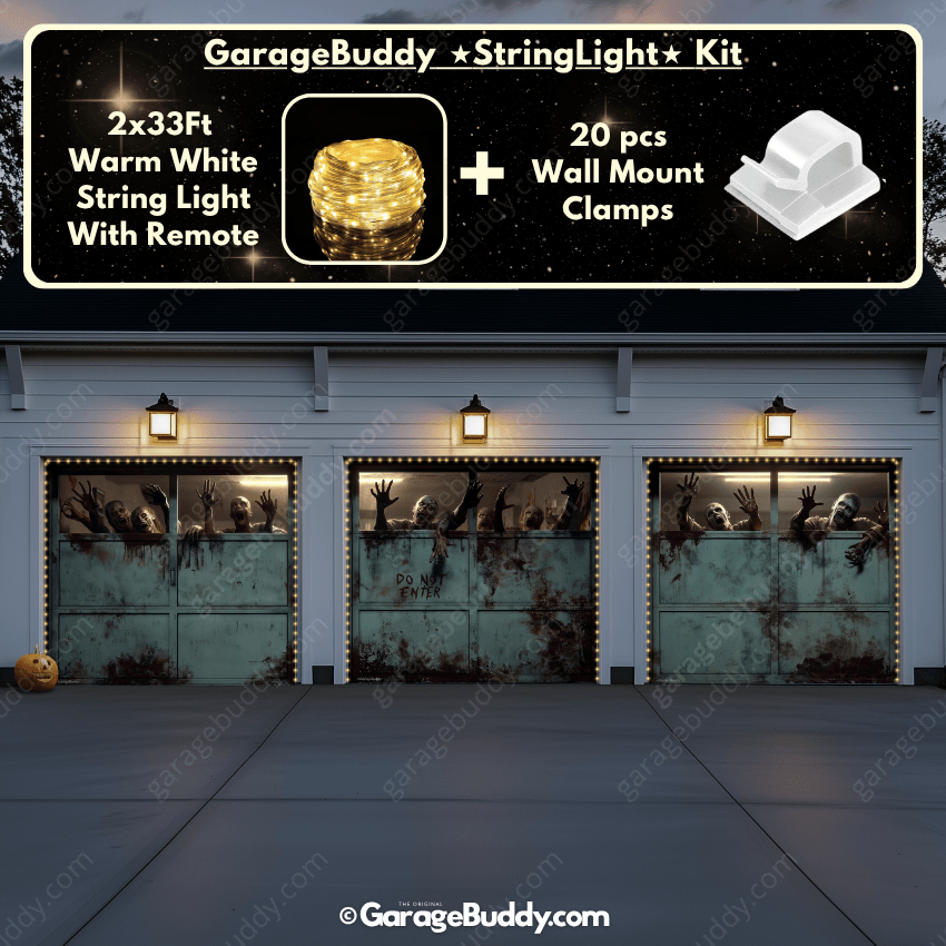Zombie Breach Halloween Garage door cover with String Warm Light with remote and wall mount clamps 