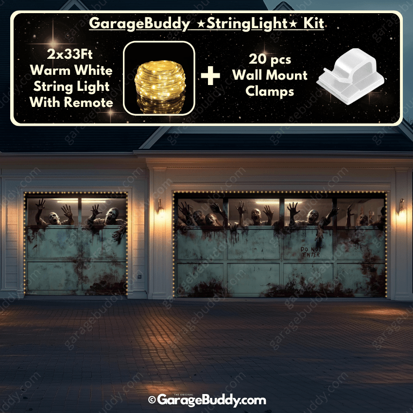 Zombie Breach Garage door cover with String Warm Light with remote and wall mount clamps