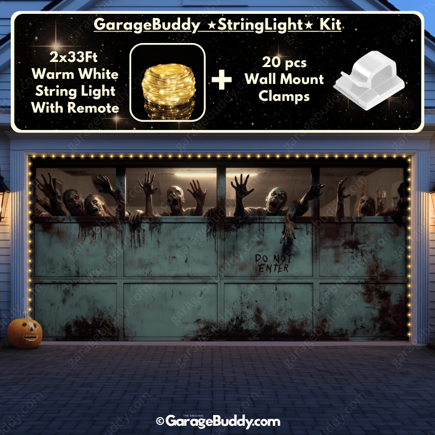 Zombie Breach Garage door cover with String Warm Light with remote and wall mount clamps 
