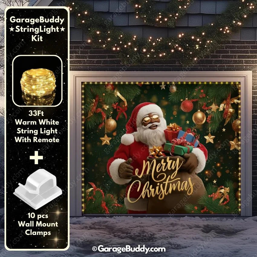 Black Santa Christmas Garage Door Cover with String Light Kit | GarageBuddy