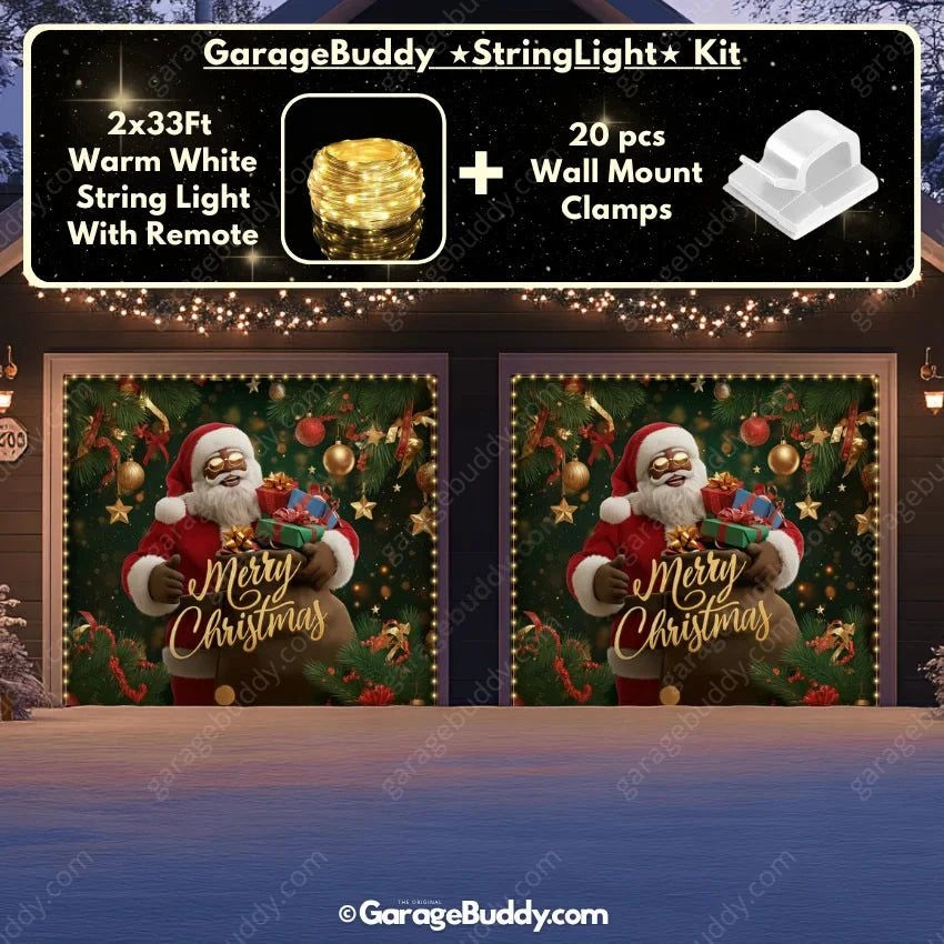 Black Santa Christmas Garage Door Cover with String Light Kit | GarageBuddy