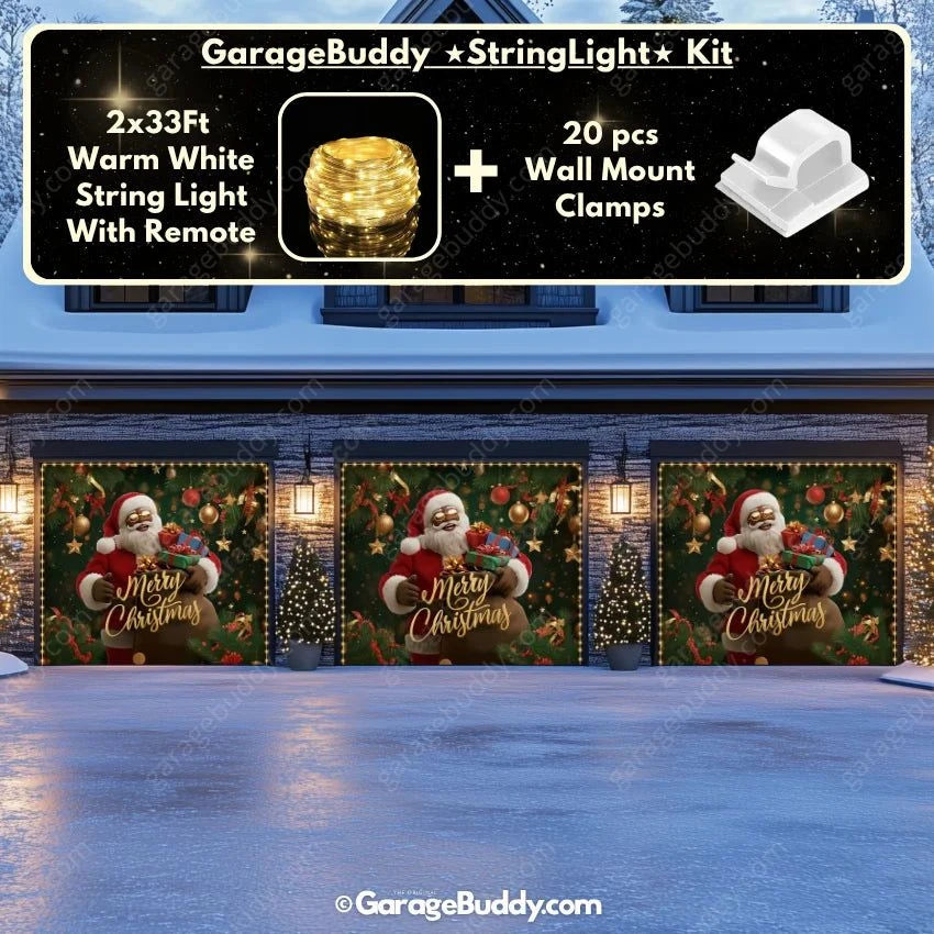 Black Santa Christmas Garage Door Cover with String Light Kit | GarageBuddy