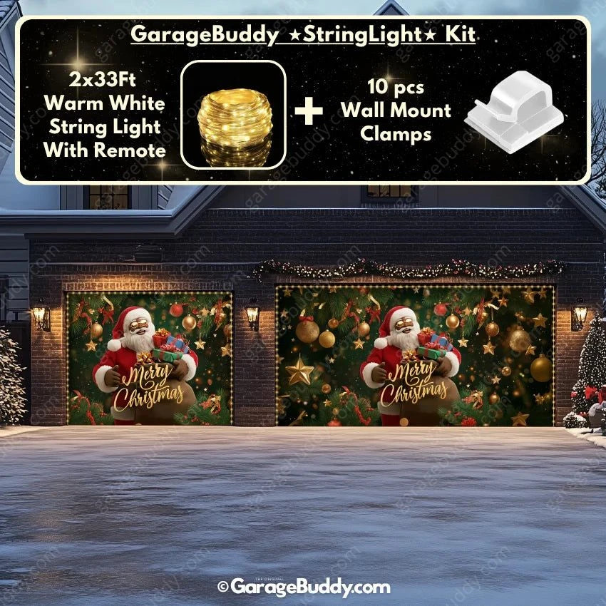 Black Santa Christmas Garage Door Cover with String Light Kit | GarageBuddy