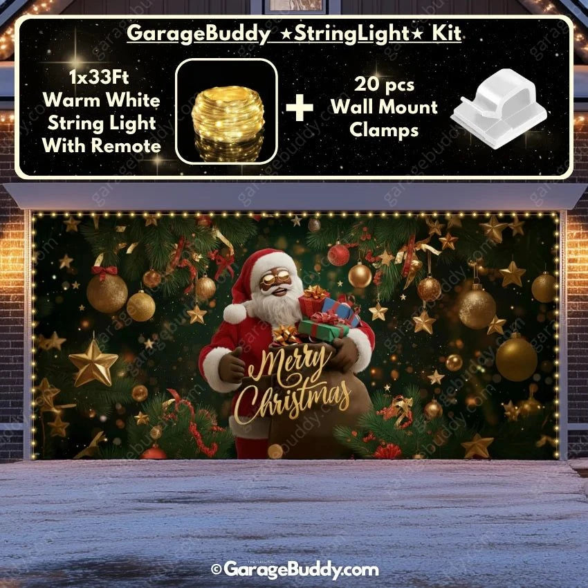 Black Santa Christmas Garage Door Cover with String Light Kit | GarageBuddy