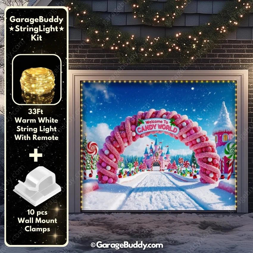 Candy World Christmas Garage Door Cover with String Light Kit - GarageBuddy