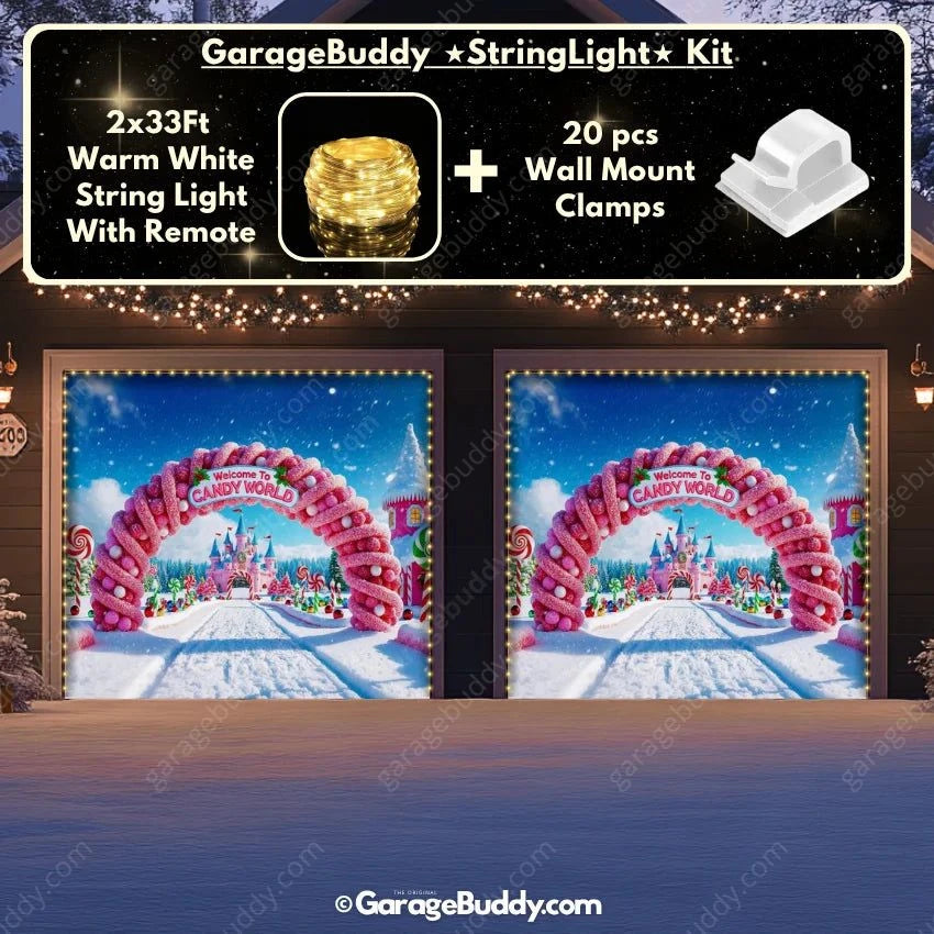 Candy World Christmas Garage Door Cover with String Light Kit - GarageBuddy