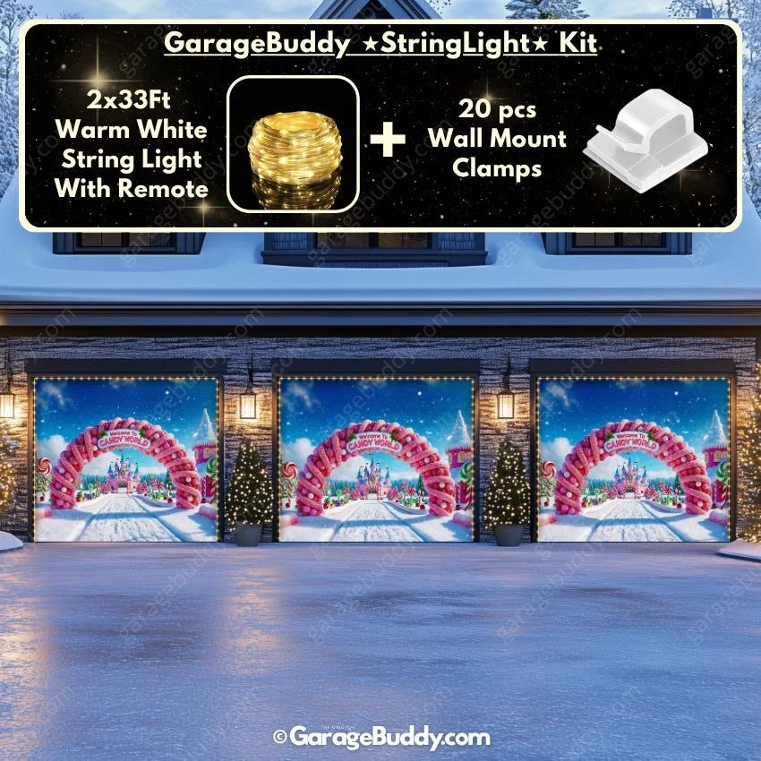 Candy World Christmas Garage Door Cover with String Light Kit - GarageBuddy