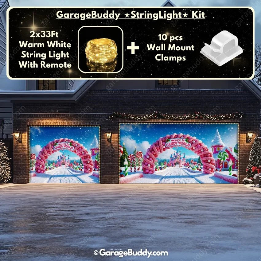 Candy World Christmas Garage Door Cover with String Light Kit - GarageBuddy