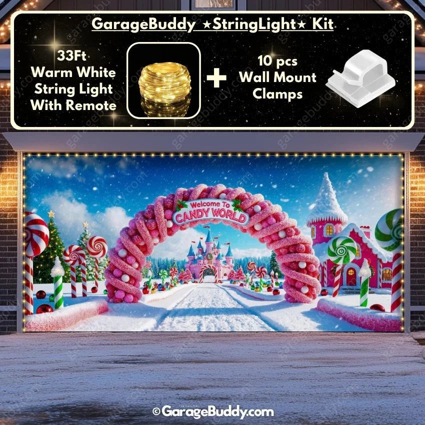 Candy World Christmas Garage Door Cover with String Light Kit - GarageBuddy