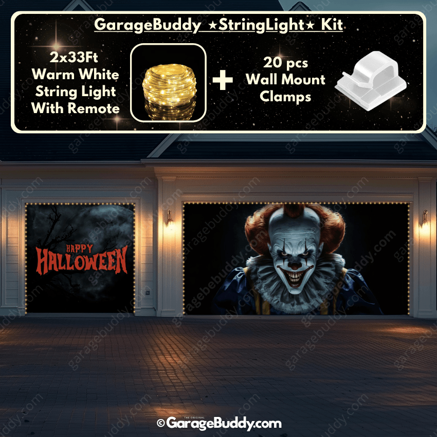 Creepy Clown Garage door cover with String Warm Light with remote and wall mount clamps
