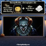 Creepy Clown Halloween garage door cover on a double-door garage, highlighted with glowing lights and a scary clown face for a chilling Halloween effect.