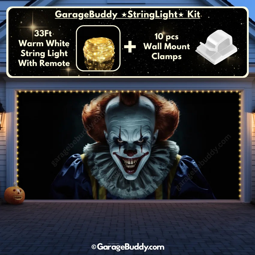 Creepy Clown Halloween garage door cover on a double-door garage, highlighted with glowing lights and a scary clown face for a chilling Halloween effect.
