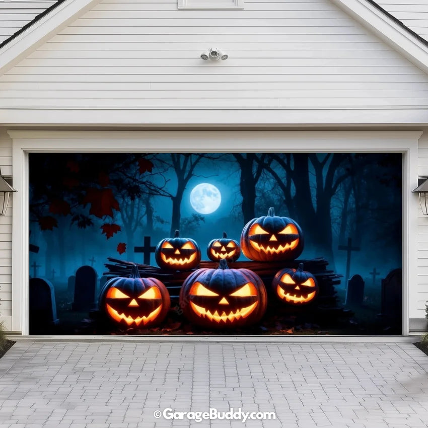 Cursed Pumpkins garage door cover on a double-door garage, featuring eerie, glowing jack-o’-lanterns for a spooky Halloween look.