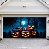 Cursed Pumpkins garage door cover on a double-door garage, featuring eerie, glowing jack-o’-lanterns for a spooky Halloween look.