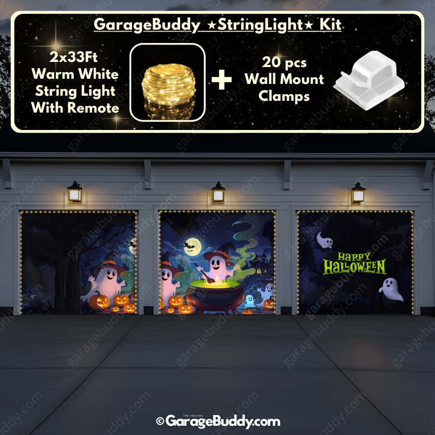 Cute Ghost Garage door cover with String Warm Light with remote and wall mount clamps