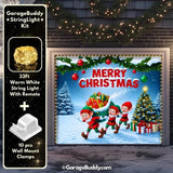 A single-door garage wrapped like a giant gift, featuring bright red wrapping paper and a large green bow across all doors. Each garage door is lit with festive string lights, enhancing the holiday display.
