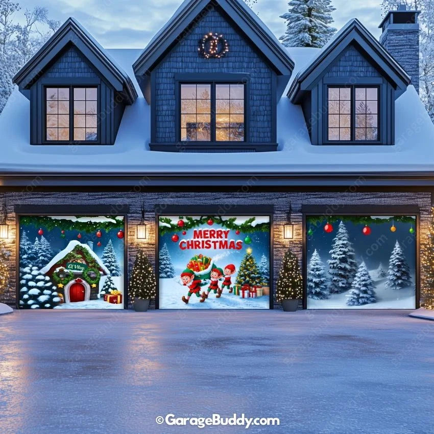 A three-door garage wrapped like a giant gift, featuring bright red wrapping paper and a large green bow across all doors. Each garage door enhancing the holiday display.