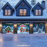 A three-door garage wrapped like a giant gift, featuring bright red wrapping paper and a large green bow across all doors. Each garage door enhancing the holiday display.