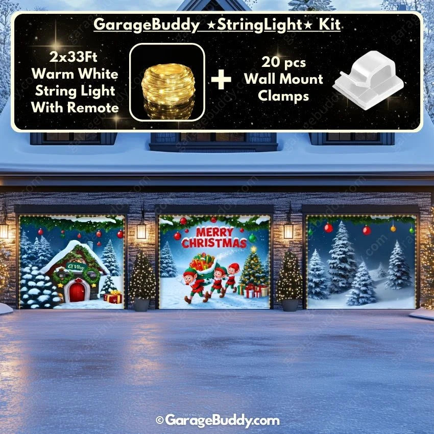 three-door garage wrapped like a giant gift, featuring bright red wrapping paper and a large green bow across all doors. Each garage door is lit with festive string lights, enhancing the holiday display.