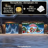 single and double door garage wrapped like a giant gift, featuring bright red wrapping paper and a large green bow across all doors. Each garage door is lit with festive string lights, enhancing the holiday display.