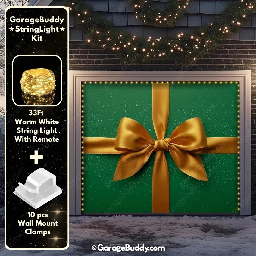 Gift Wrap Green Christmas Garage Door Cover with String Light Kit - GarageBuddy
