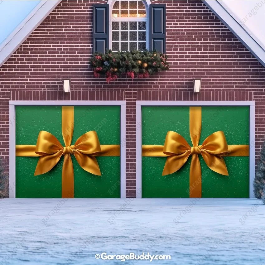 Gift Wrap Green Christmas Garage Door Cover - GarageBuddy